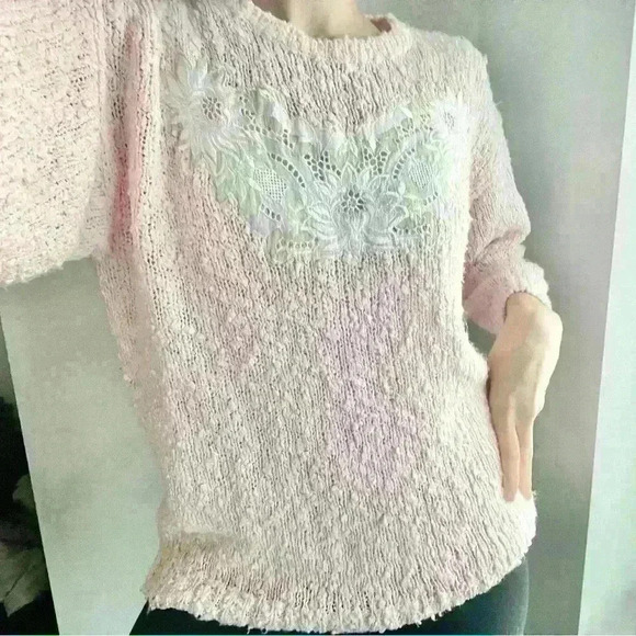 Vintage Paris Sports Club Prep Light Pink Knit Floral Embroidered Sweater Small - Picture 2 of 12